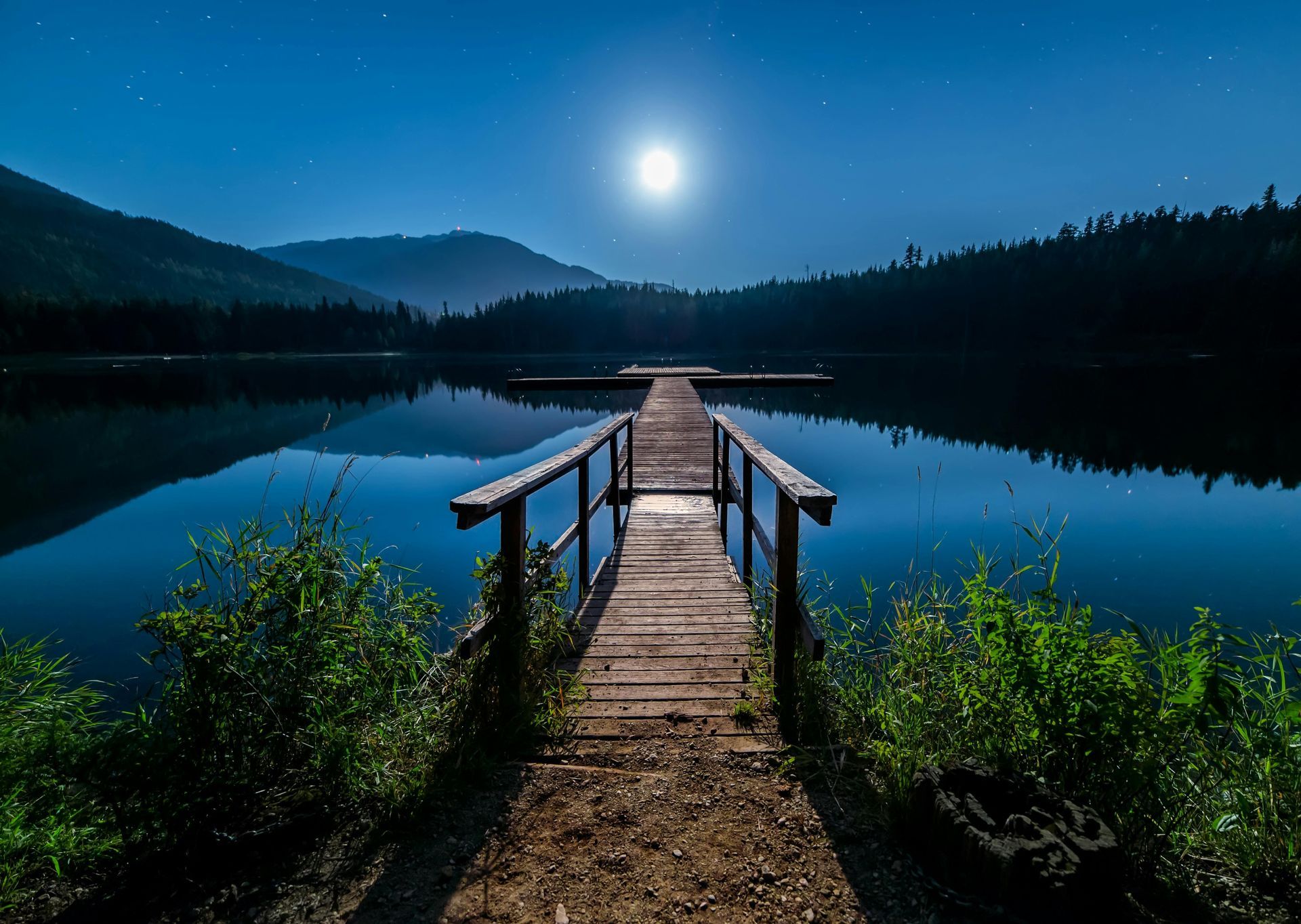 Wooden dock on a calm lake reflects the bright moon and surrounding mountains under a starry night sky.