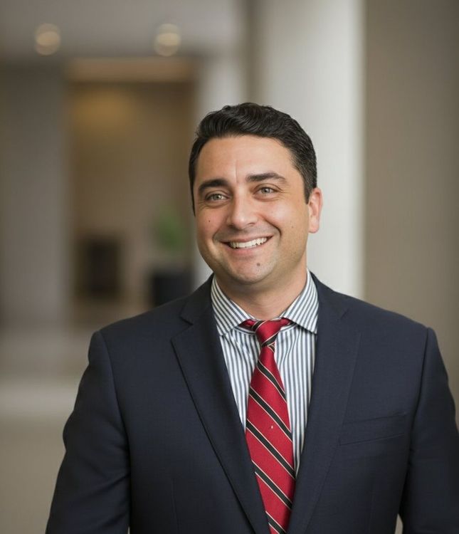 Man in navy suit, striped shirt, and red tie, smiling in a hallway with neutral background.