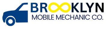 Logo for Brooklyn Mobile Mechanic Co. featuring a blue vehicle, text "BROOKLYN" with yellow infinity symbol and "MOBILE MECHANIC CO."