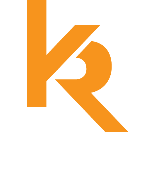 An orange graphic logo featuring a stylized letter "K" merged with an "R" against a white background.
