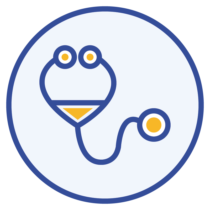 An icon of a stethoscope with a drink in it in a blue circle.