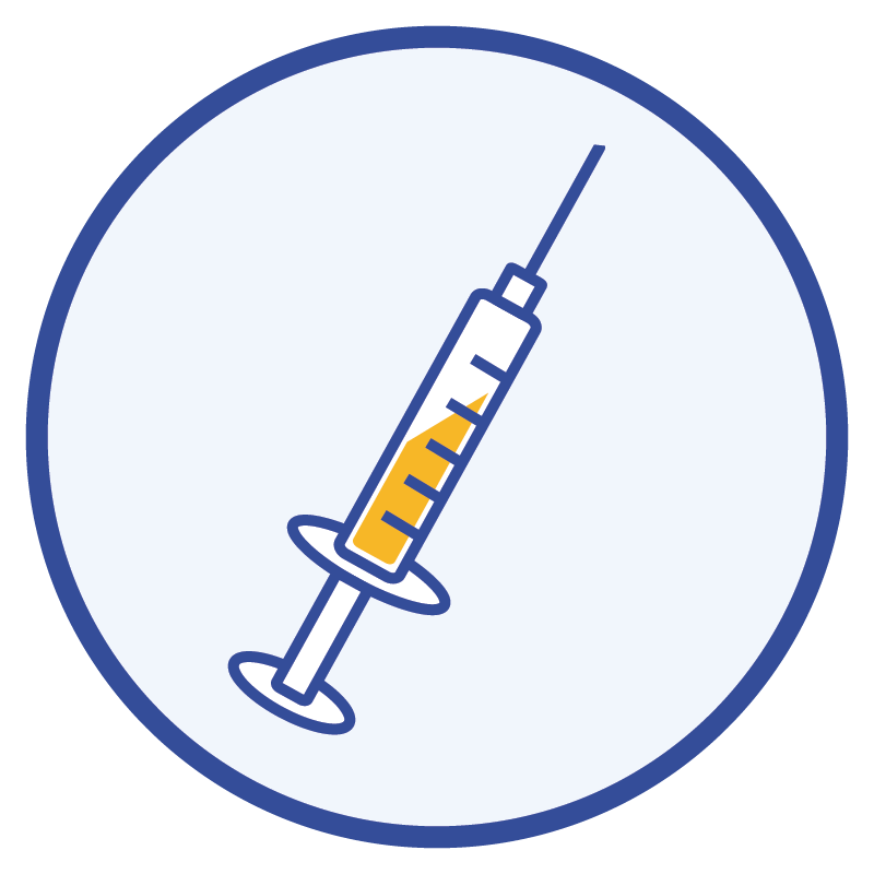 A syringe with a yellow liquid in it is in a blue circle.