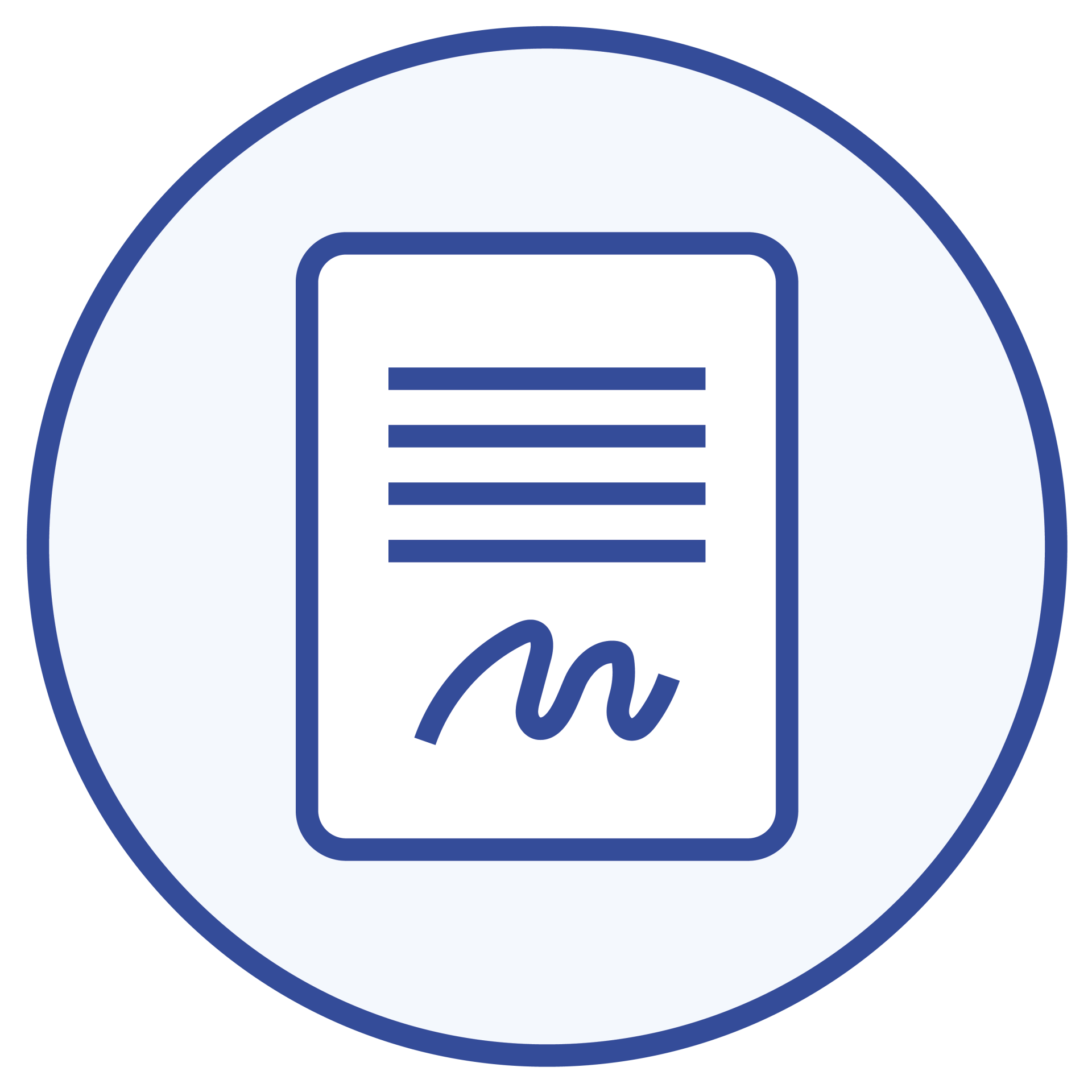 An icon of a document with a signature on it in a blue circle.