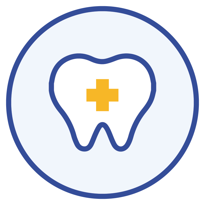 A tooth with a yellow cross on it is in a blue circle.