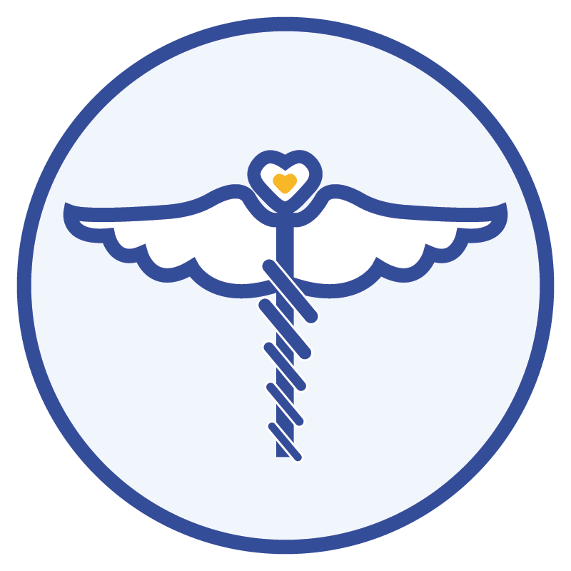 A medical caduceus with wings and a heart on it in a blue circle.