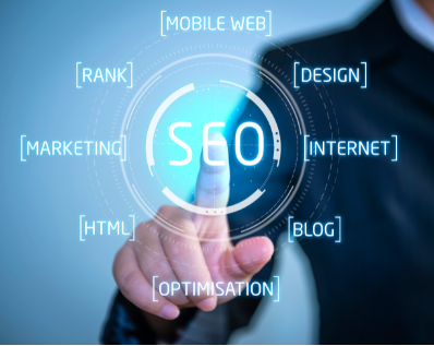 Seo optimization. A man is pressing a button that says seo