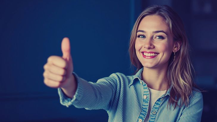 A woman is smiling and giving a thumbs up sign for a free web audit