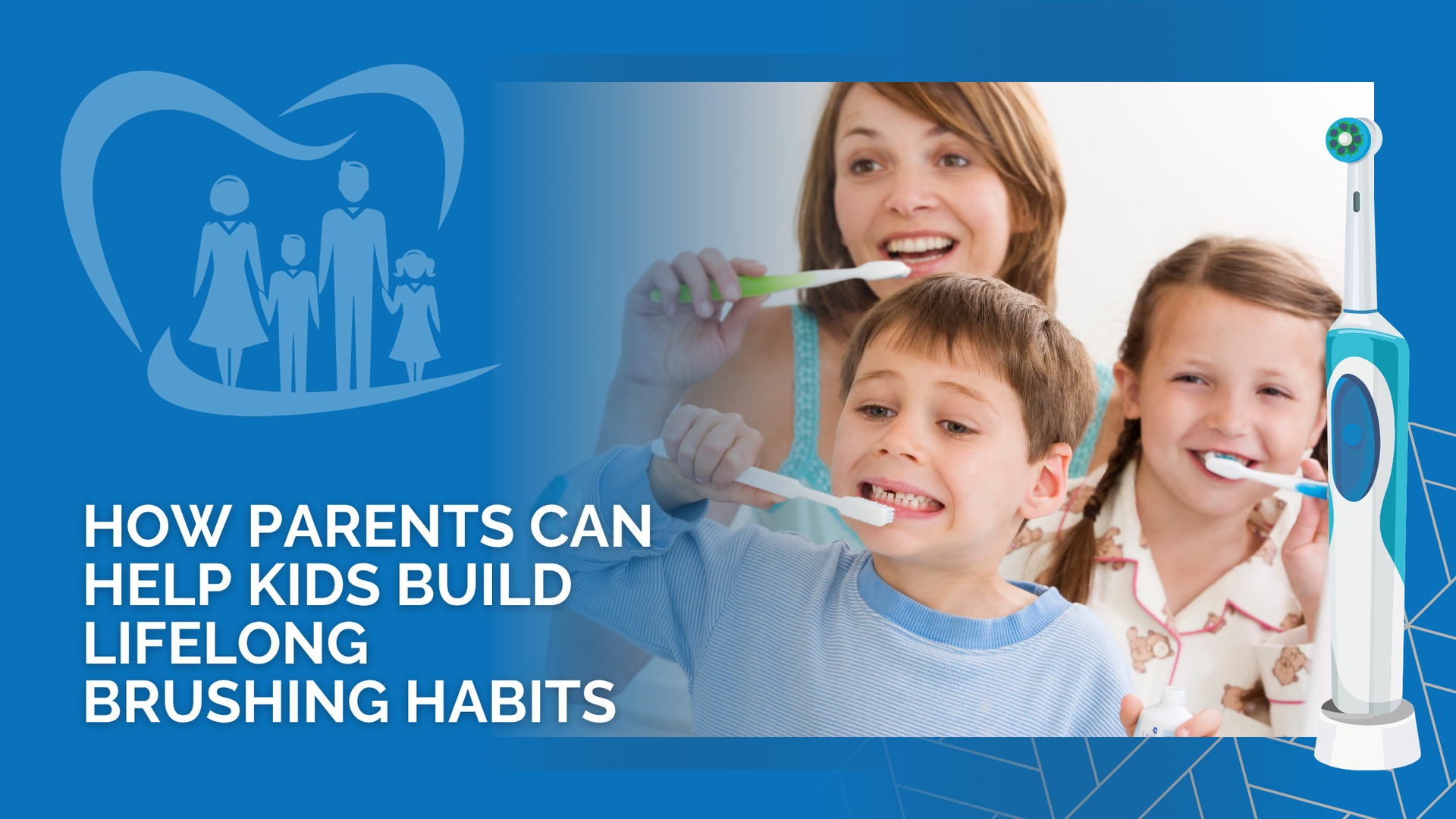 A woman and two children are brushing their teeth with an electric toothbrush.