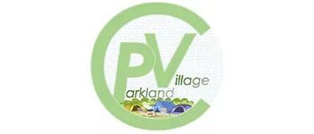 A logo for pv village arkland with tents in the background