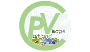 A logo for pv village arkland with tents in the background