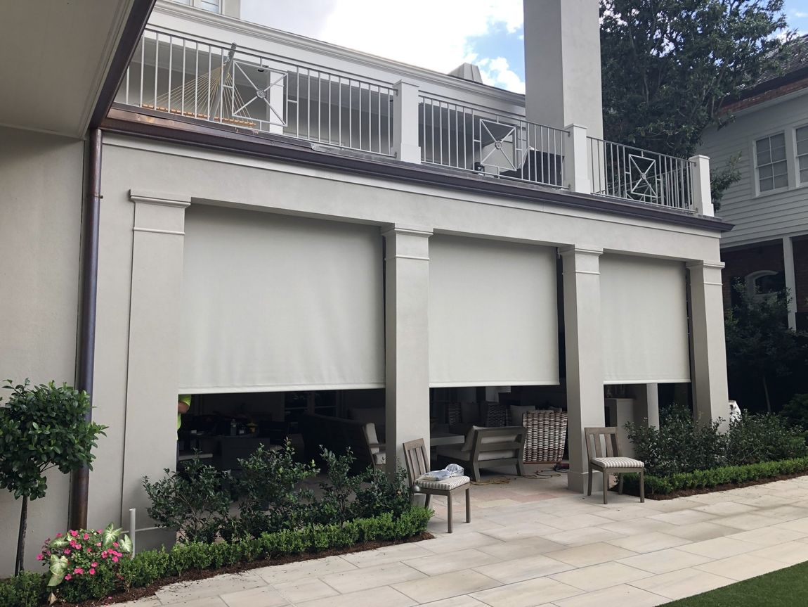 Drop Curtains — White Curtains Installed Outside The House in Chalmette, LA