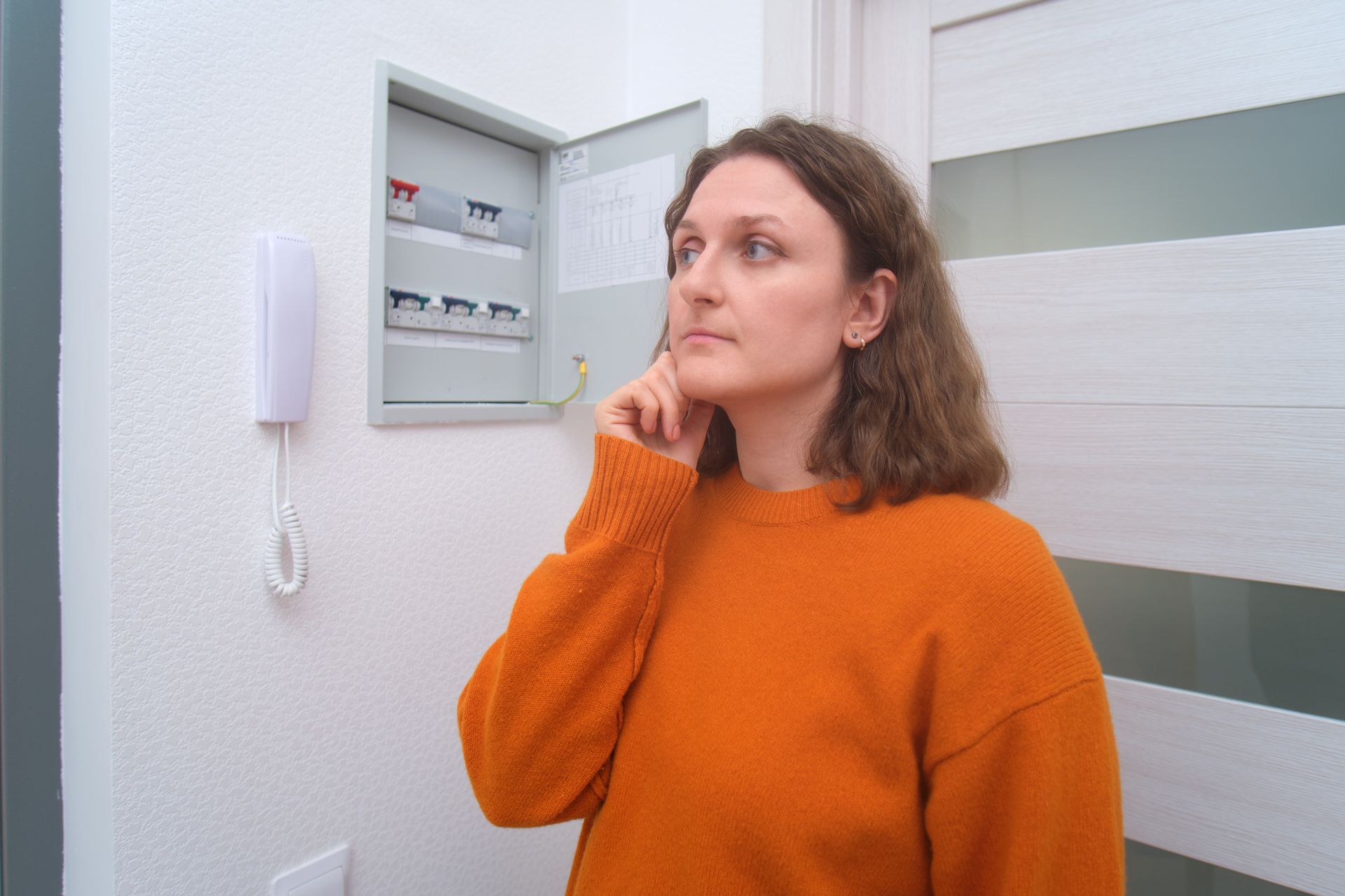 A woman looking at an electrical panel at home. A woman looking at an electrical panel at home.