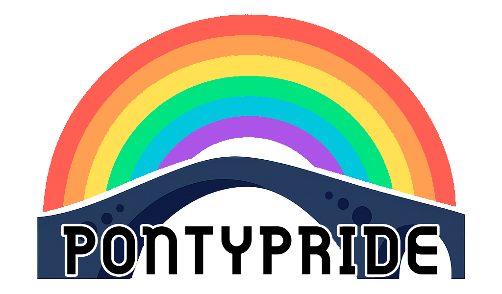 A logo for torfaen pride with a rainbow in the middle