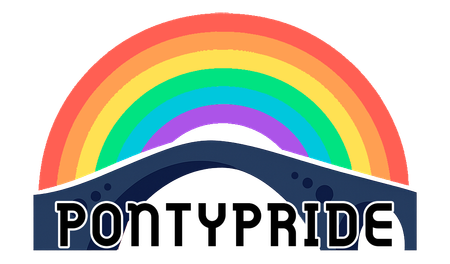 A logo for torfaen pride with a rainbow in the middle