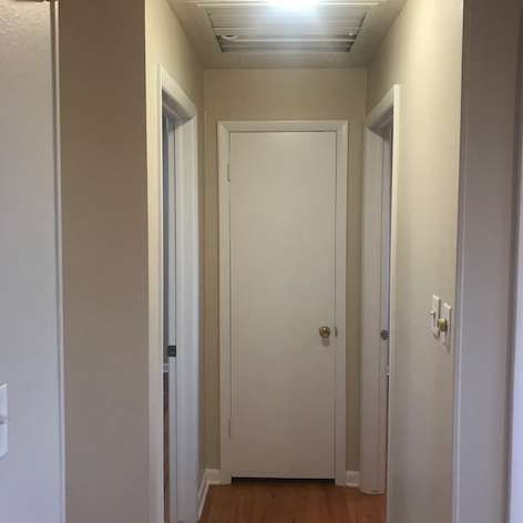 Hallway with three white doors, tan walls, and a wood floor.