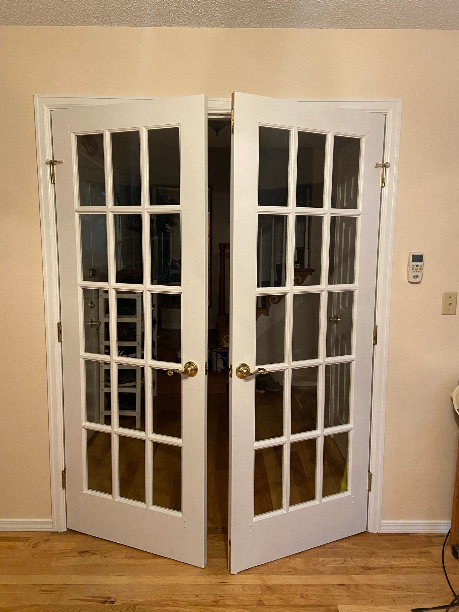 White French doors with multiple glass panes are open, revealing a hallway.
