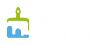 Logo of a paint brush with blue paint dripping off the brush, with white text to the right.