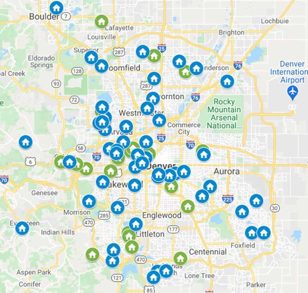 Map of Denver metro area with locations marked by house icons; blue and green colors.