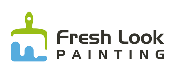 Logo for Fresh Look Painting. A green and blue paint brush is on the left of the text. Text is in a dark gray color.
