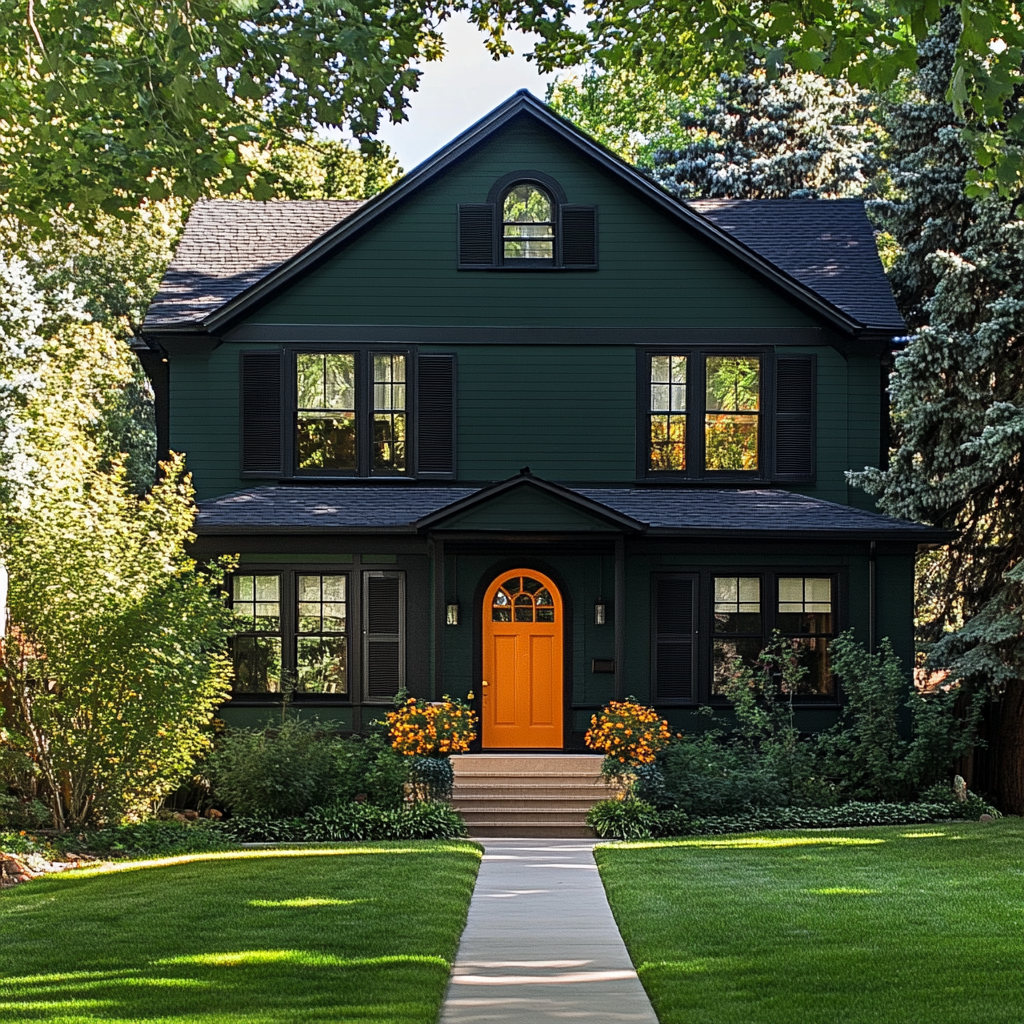 Dark green two-story house with black shutters and an orange front door; a paved walkway leads to the entrance.