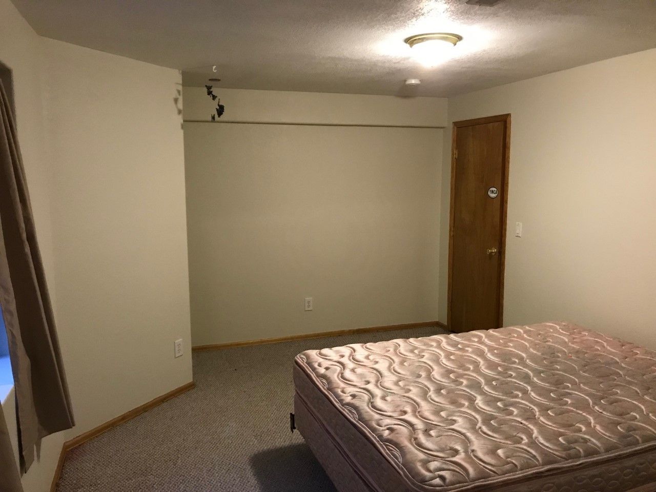 Bedroom with a bed, carpet, door, and a light fixture on the ceiling.