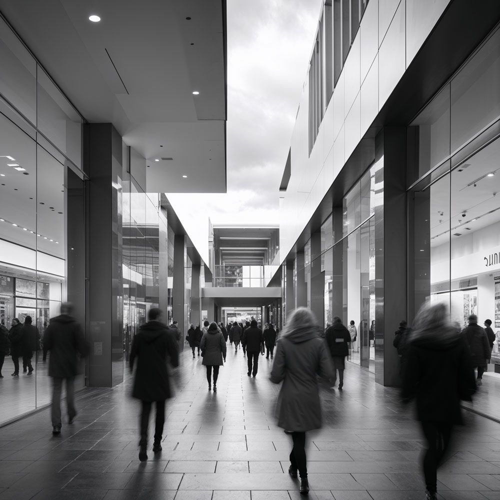 A black and white photo of people walking in a mall