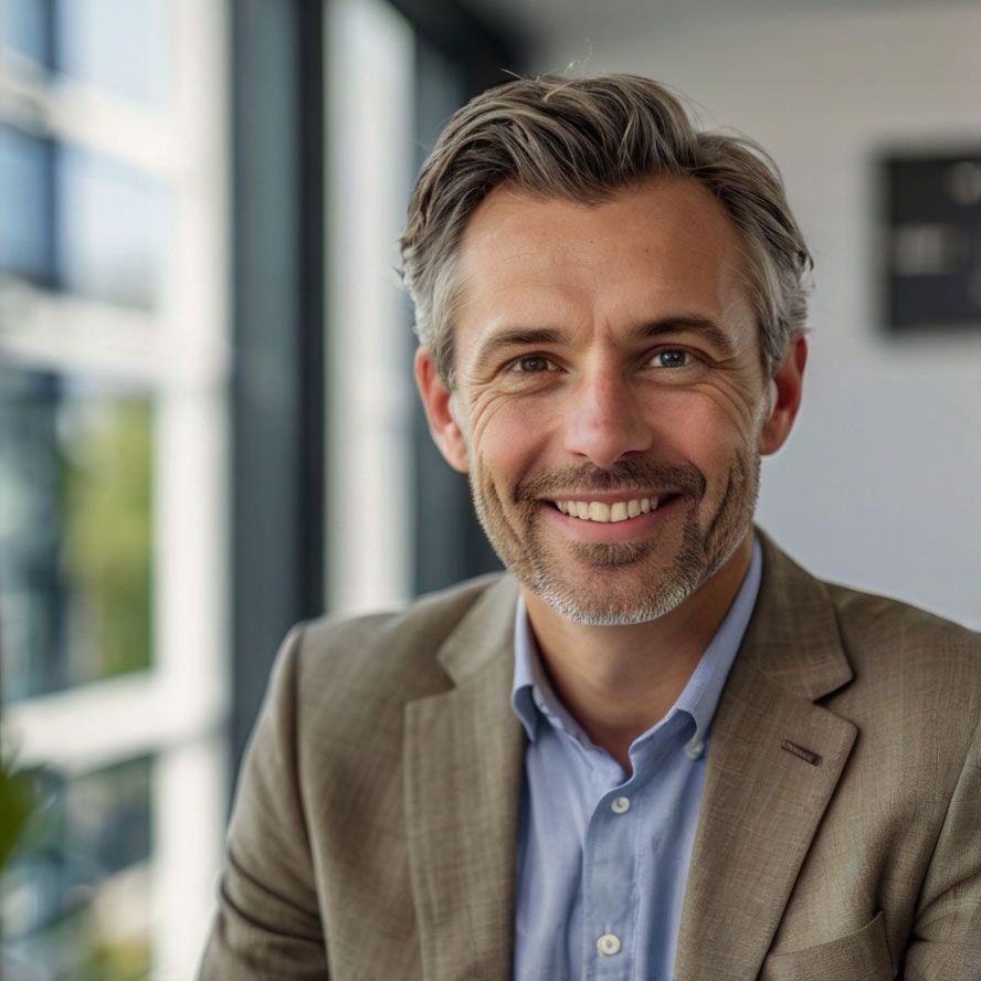 A man in a suit and blue shirt is smiling for the camera.