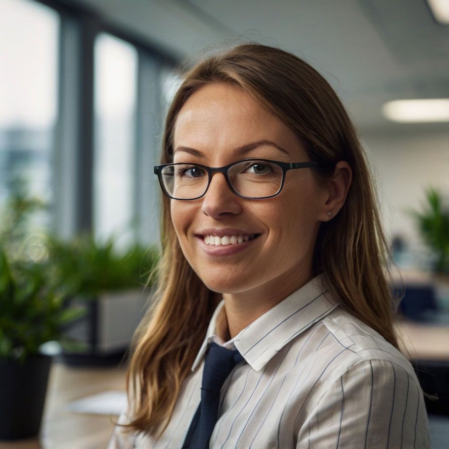 A woman wearing glasses and a tie is smiling for the camera.