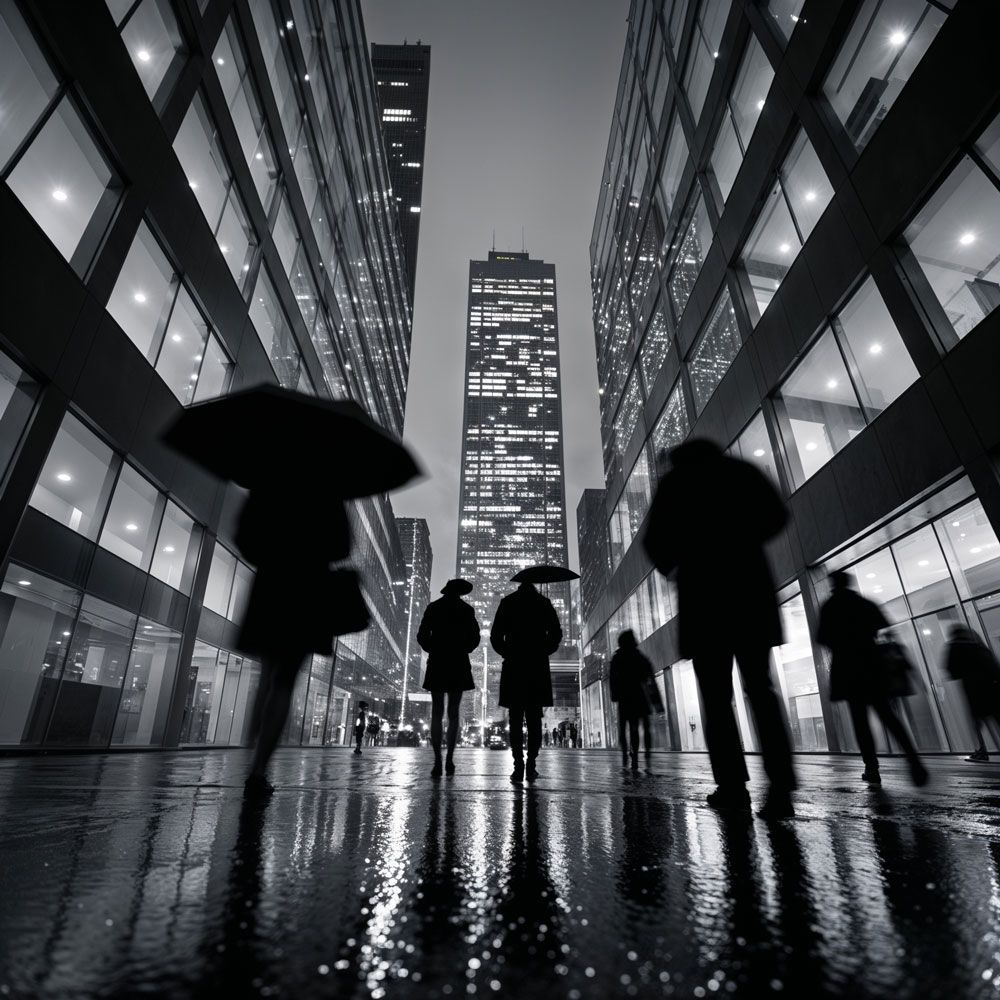 A group of people walking in the rain with umbrellas