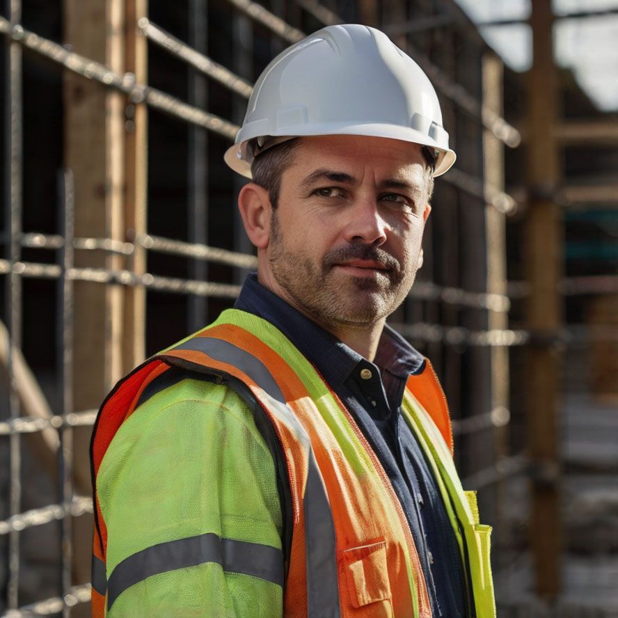 A construction worker wearing a hard hat and safety vest