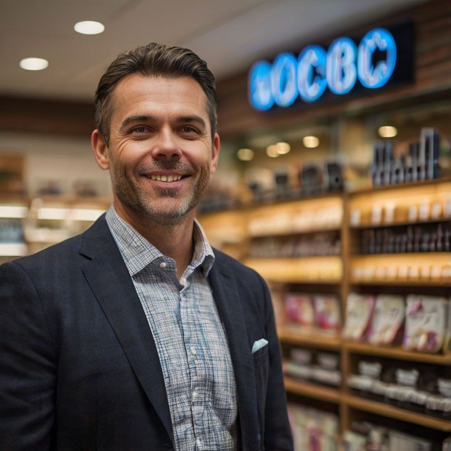 A man in a suit is standing in front of a sign that says gocbo