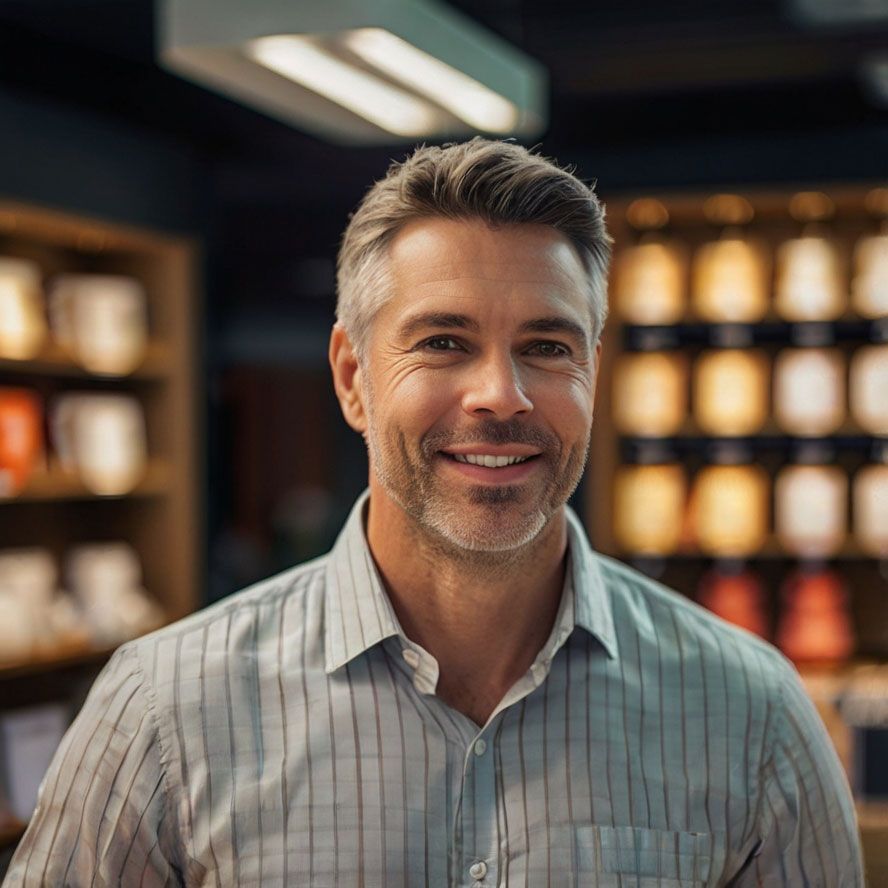 A man in a striped shirt is smiling for the camera