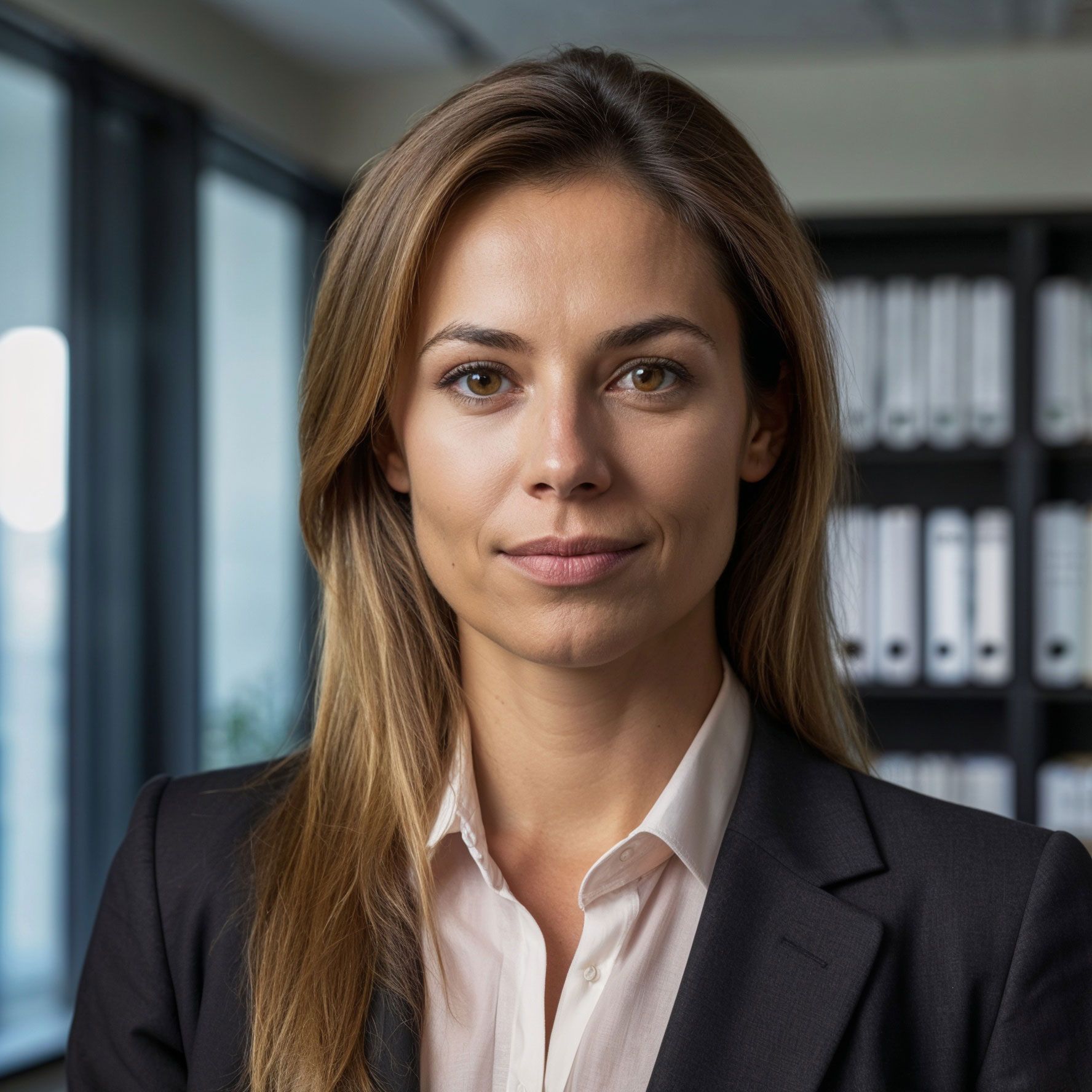 A woman in a suit and pink shirt is looking at the camera.