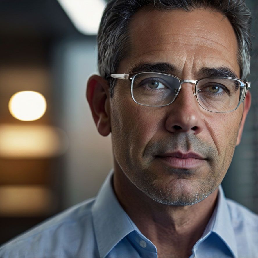 A man wearing glasses and a blue shirt looks at the camera