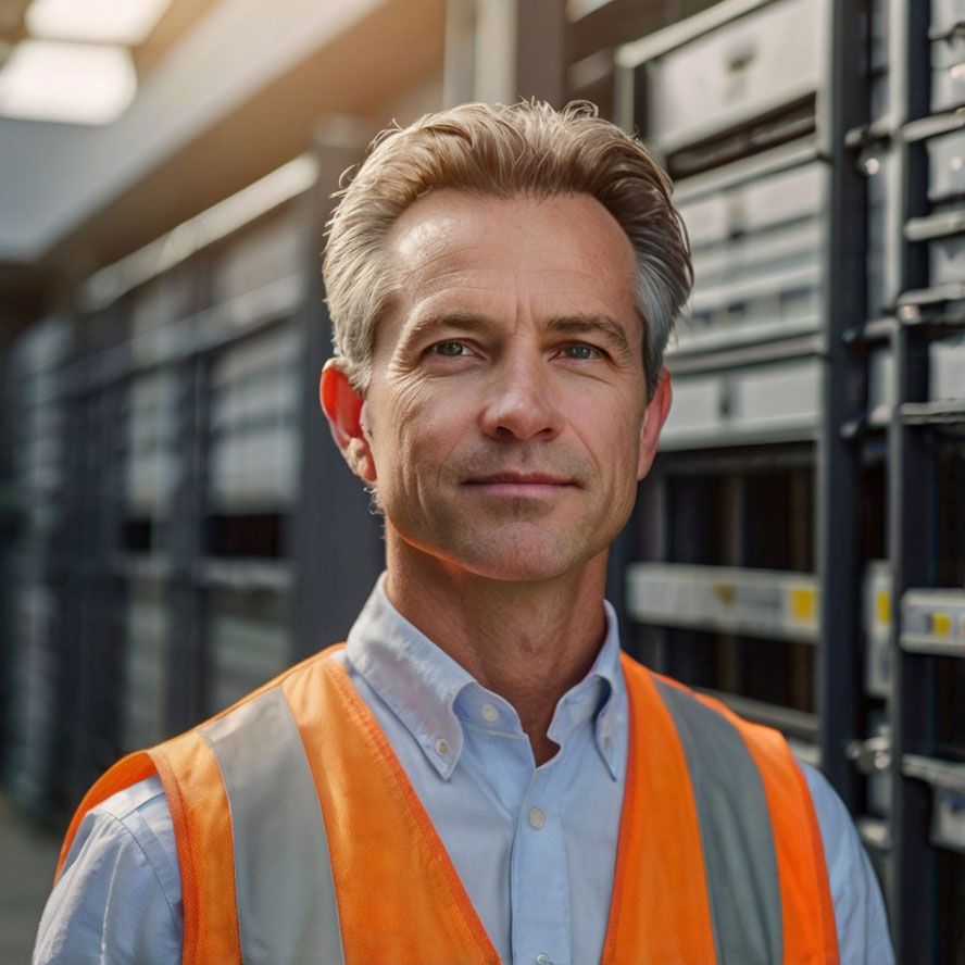 A man wearing an orange vest and a safety vest is standing in front of a server rack.
