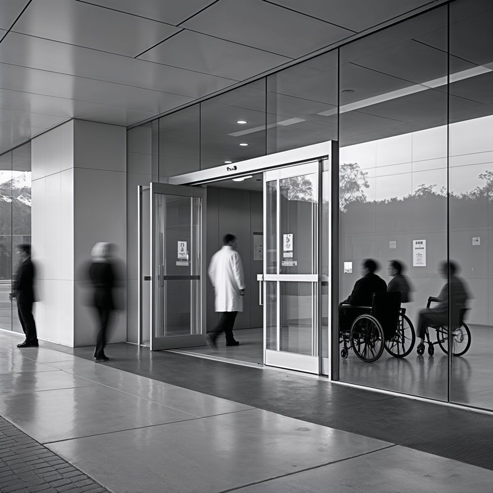 A man in a lab coat is walking through a glass door next to a woman in a wheelchair.