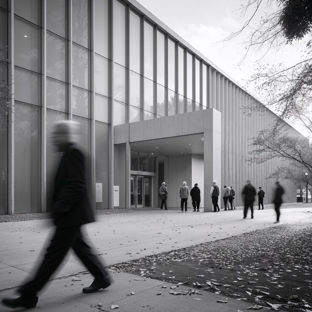 A black and white photo of people walking in front of a building