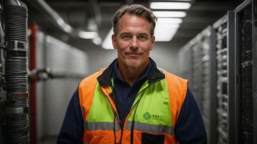 A man in an orange vest is standing in a server room.