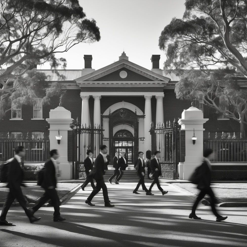 A black and white photo of people walking in front of a building