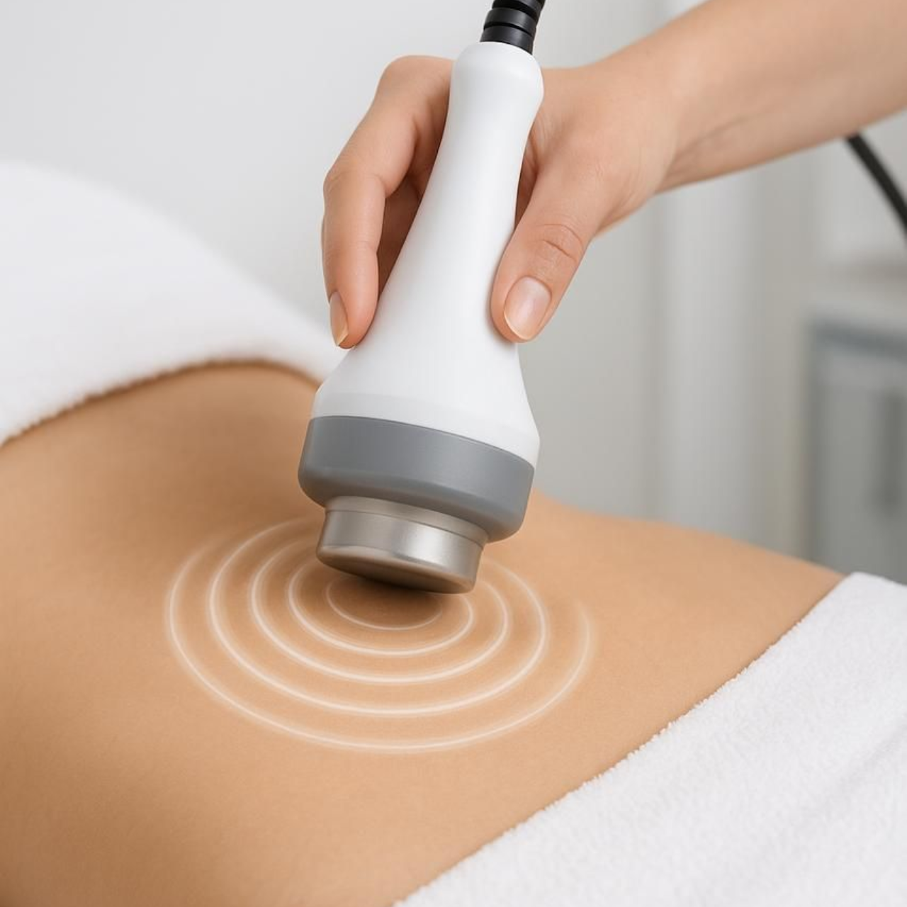 Abdomen de una persona que recibe tratamiento de radiofrecuencia, con patrón de ondas concéntricas visible.