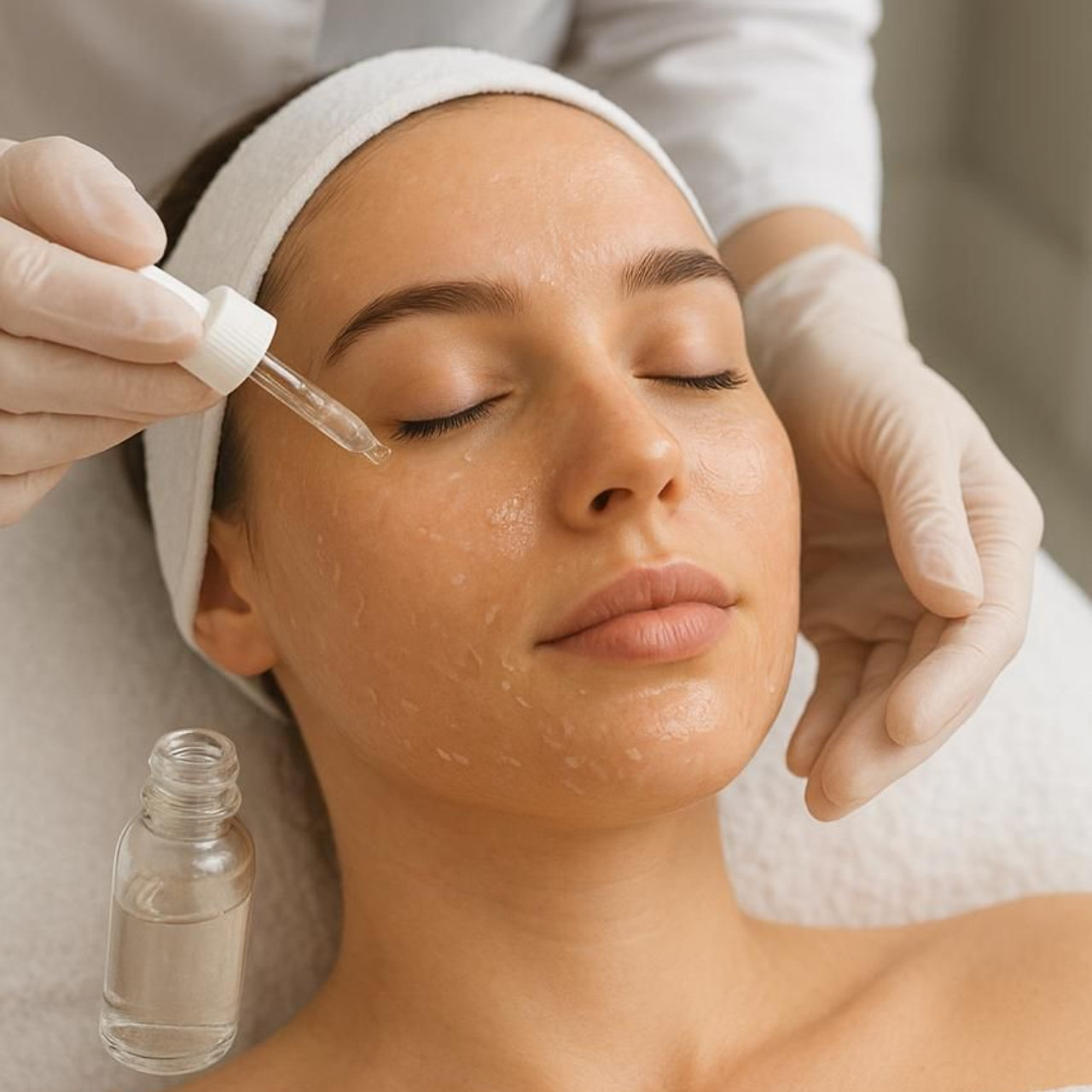 Mujer recibiendo tratamiento facial, aplicando serum con gotero.