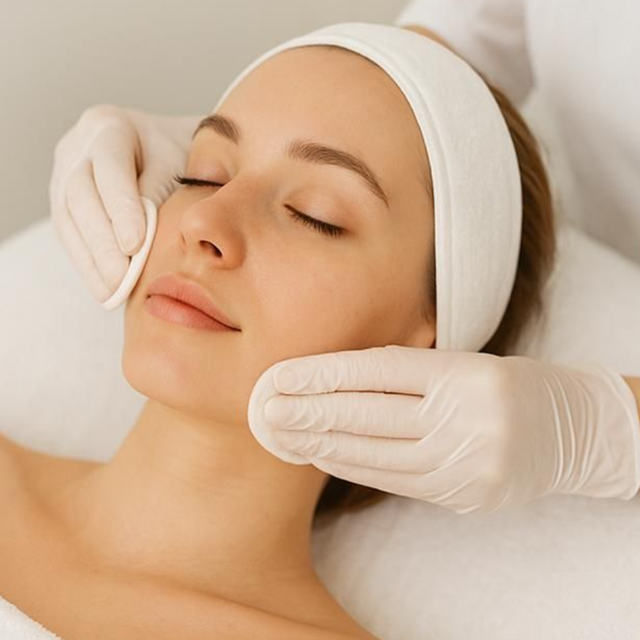 Persona recibiendo tratamiento facial con algodones.