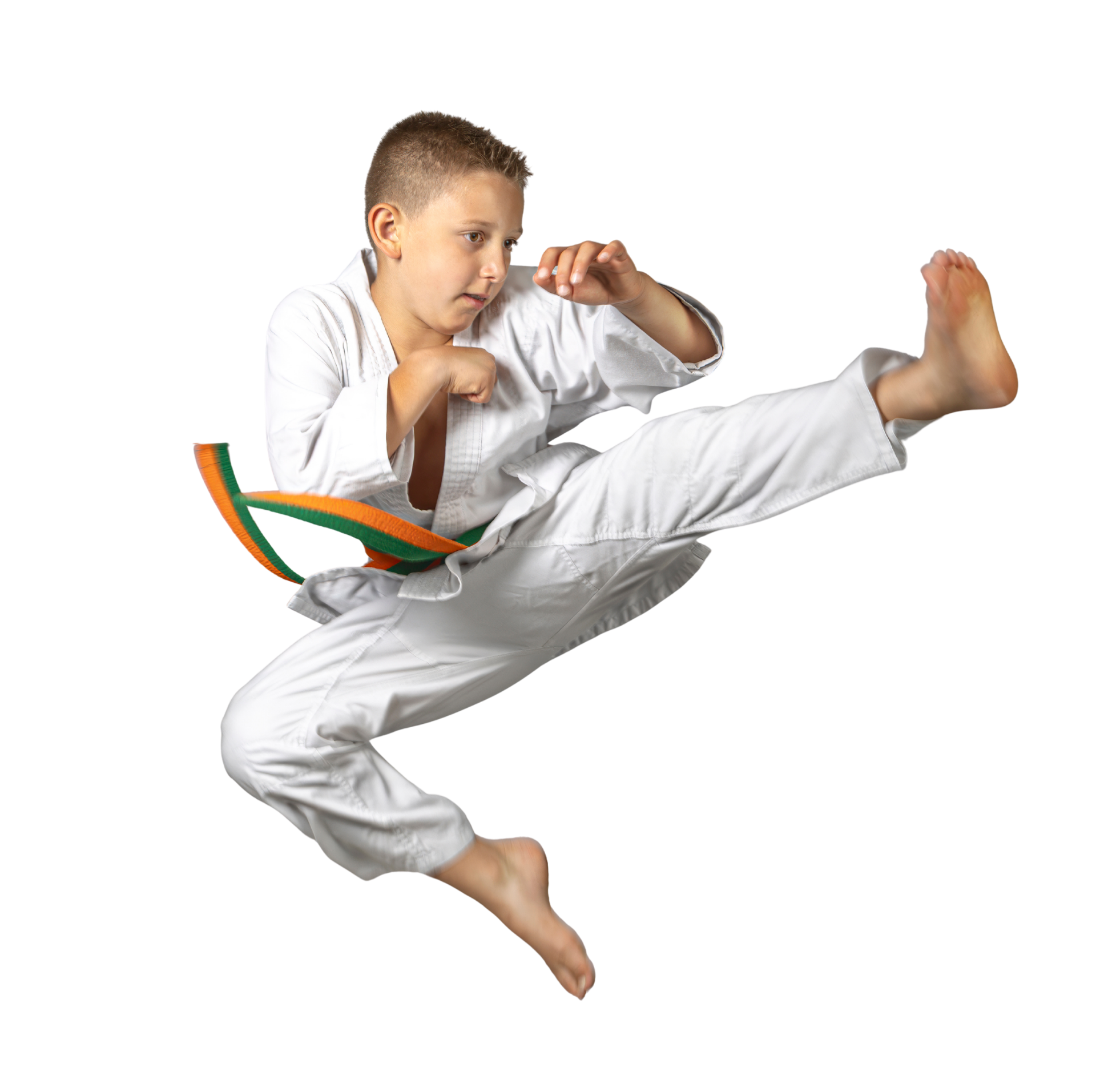 Child in a white karate uniform performing a flying kick on a white background