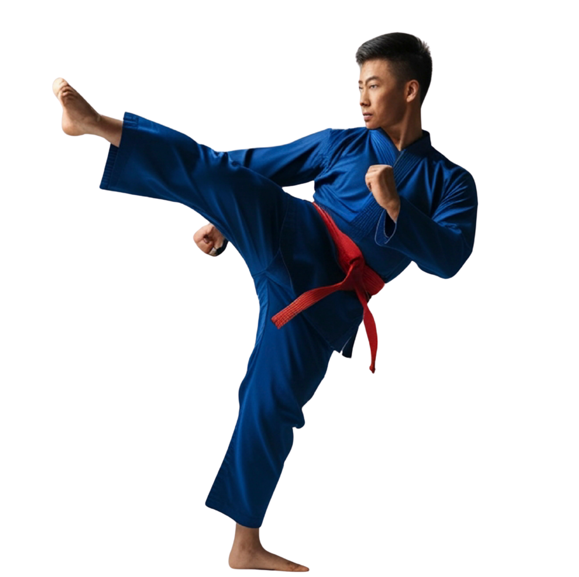Martial artist in blue gi with red belt performing a high side kick on a white background