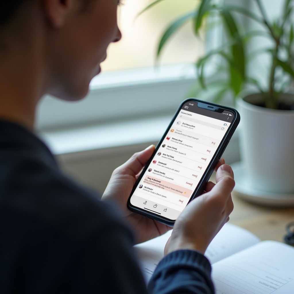Person looking at a phone screen showing a list of items, near a window and plant.