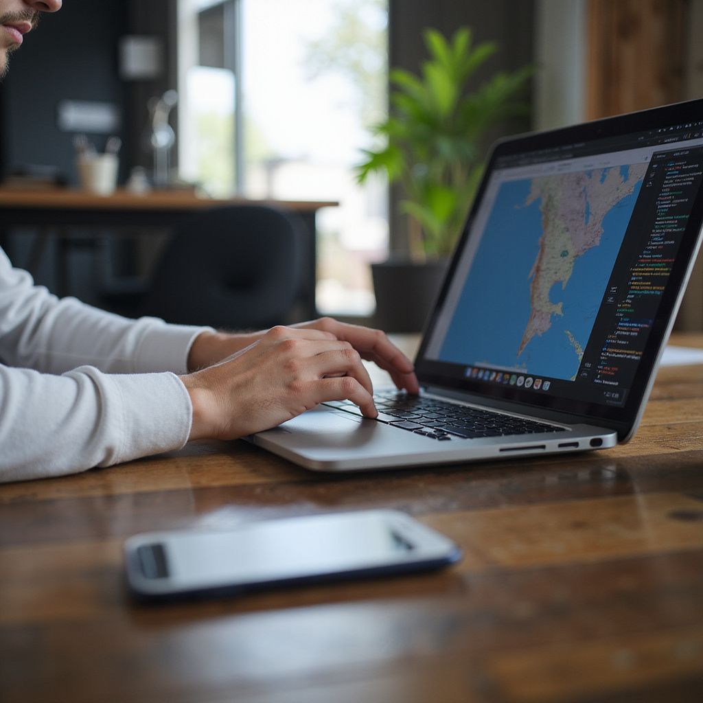Person typing on a laptop with a map on the screen, phone in the foreground, wood table.