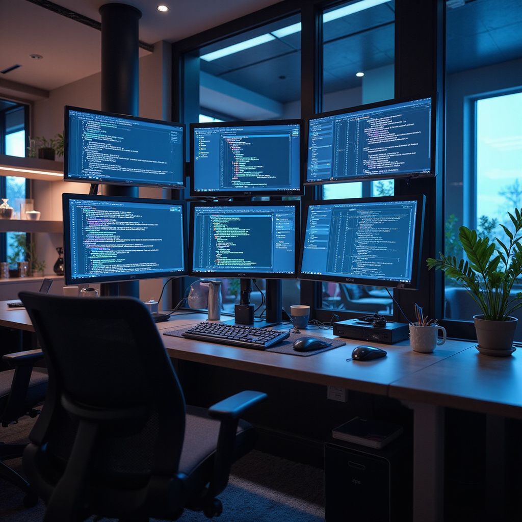 A programmer's desk with seven monitors displaying code, keyboard, mouse, plants, and a dark blue office setting.