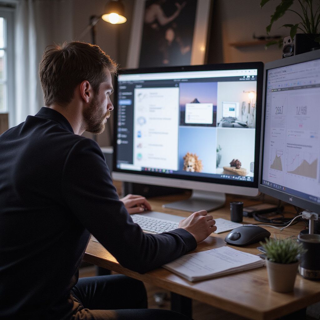 Man working at desk with two computer screens; video call visible on one.