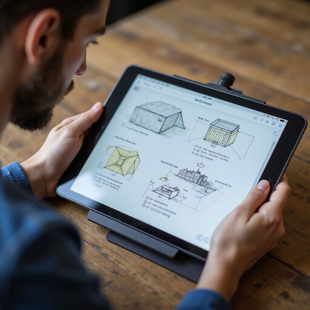 Man looking at tablet displaying architectural sketches, wooden table.