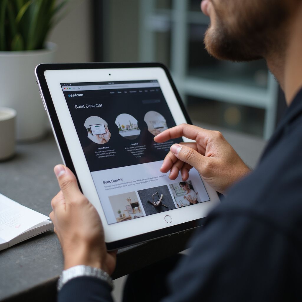 Man using a tablet, browsing a website. Black and white color scheme. Hands close up.